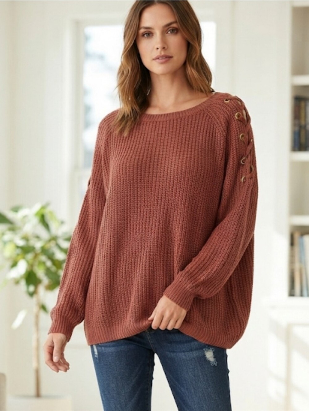 Rust Lace-up Shoulder Crew Neck Loose Weave Knit Sweater Size Large